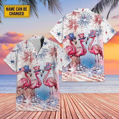 Teesdily | Custom Flamingo American Flag Hawaiian Shirt, Flamingo Beach Hawaii Set, Flamerica Patriotic Aloha Outfit, Independence 4th Of July Gifts