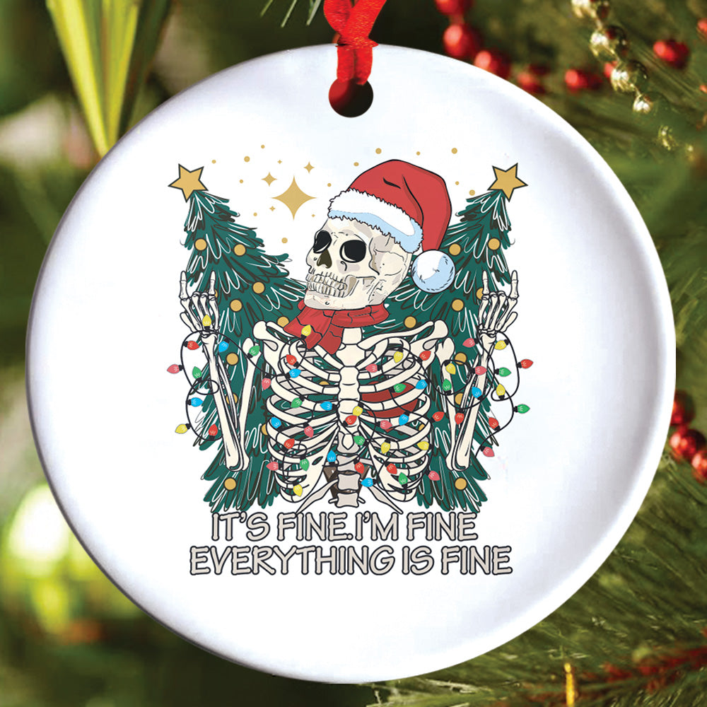 Teesdily | Santa Skeleton Christmas Light Ceramic Ornament, Merry Christmas Everything Is Fine Christmas Ornament, Xmas Gift