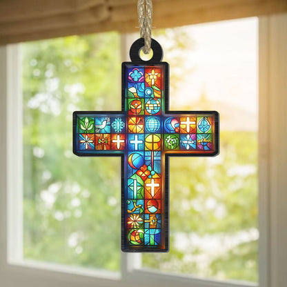 Teesdily | Customized Suncatcher Style, Jesus Cross Suncatcher Christmas Ornament, Xmas Home Decoration, Jesus Lovers Gift, God Faith Believers Gifts