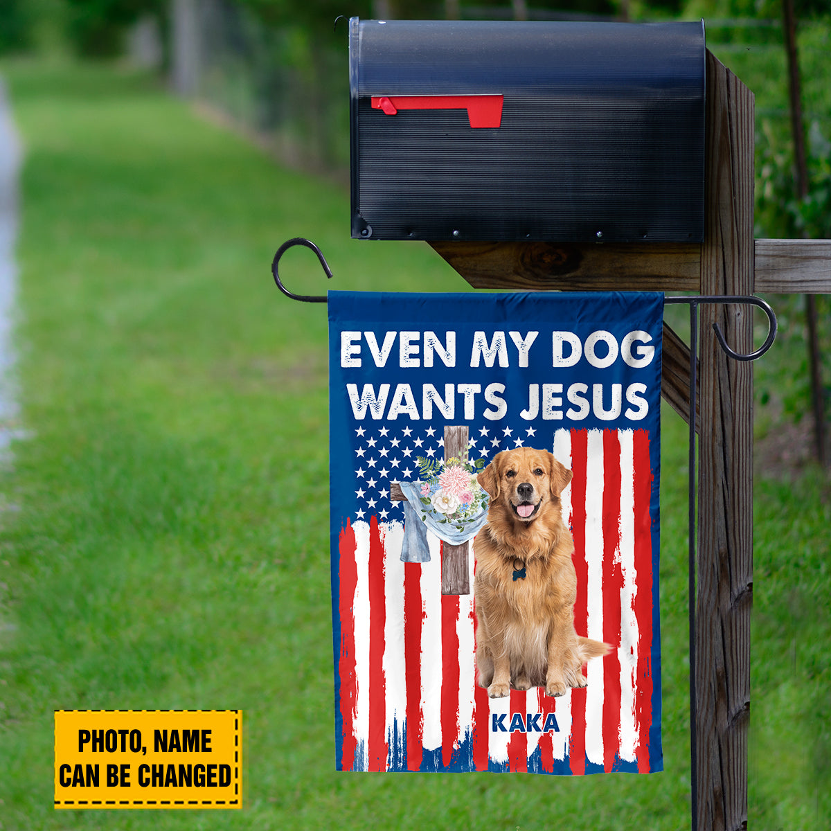 Teesdily | Customized Golden Retriever American Flag Home, Even My Dog Wants Jesus Garden Flag, Patriot 4th Of July House Flag Decor, Dog Lover Gift