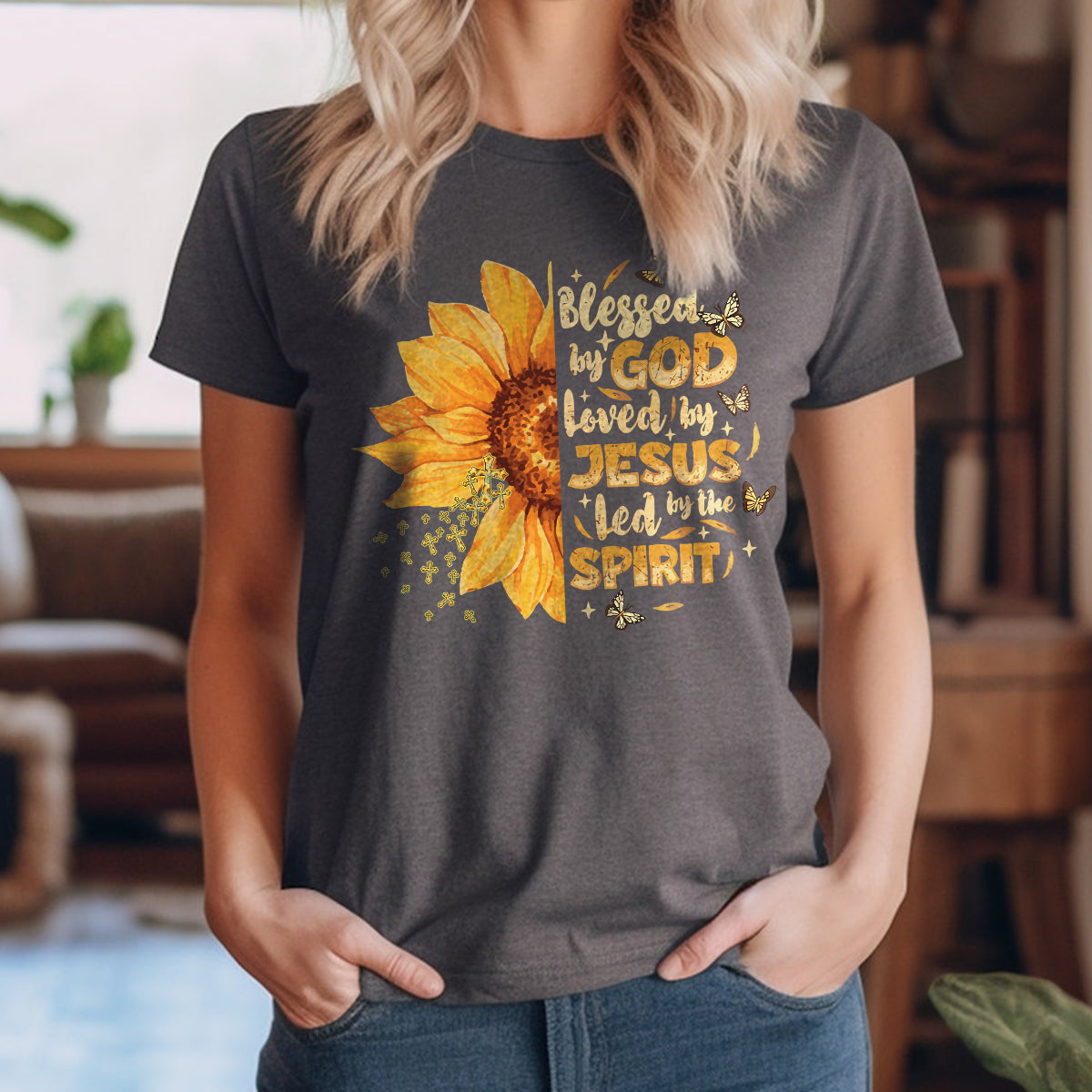 Teesdily | Jesus Christ Sunflower Tshirt, Blessed By God Loved By Jesus Sweatshirt Hoodie Mug, Jesus Cross Butterfly Shirt, Christian Girl Gifts