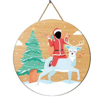 Teesdily | Customized Picture Santa Claus Riding Reindeer Christmas Wood Sign Funny Santa Cosplay Circle Name Sign Funny Christmas Gifts