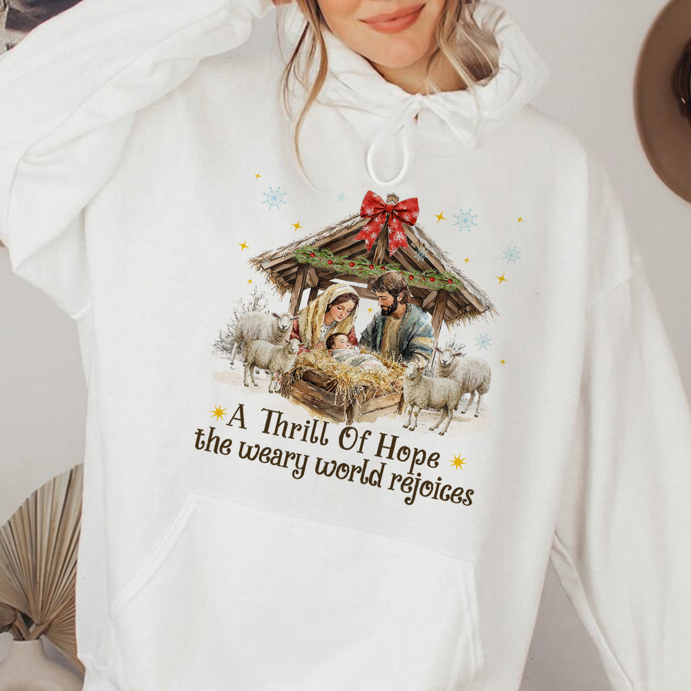 Teesdily | Nativity Scene Christmas Coquette Jesus Shirt, A Thrill Of Hope Sweatshirt, Christmas Nativity Hoodie Mug Religious Gift