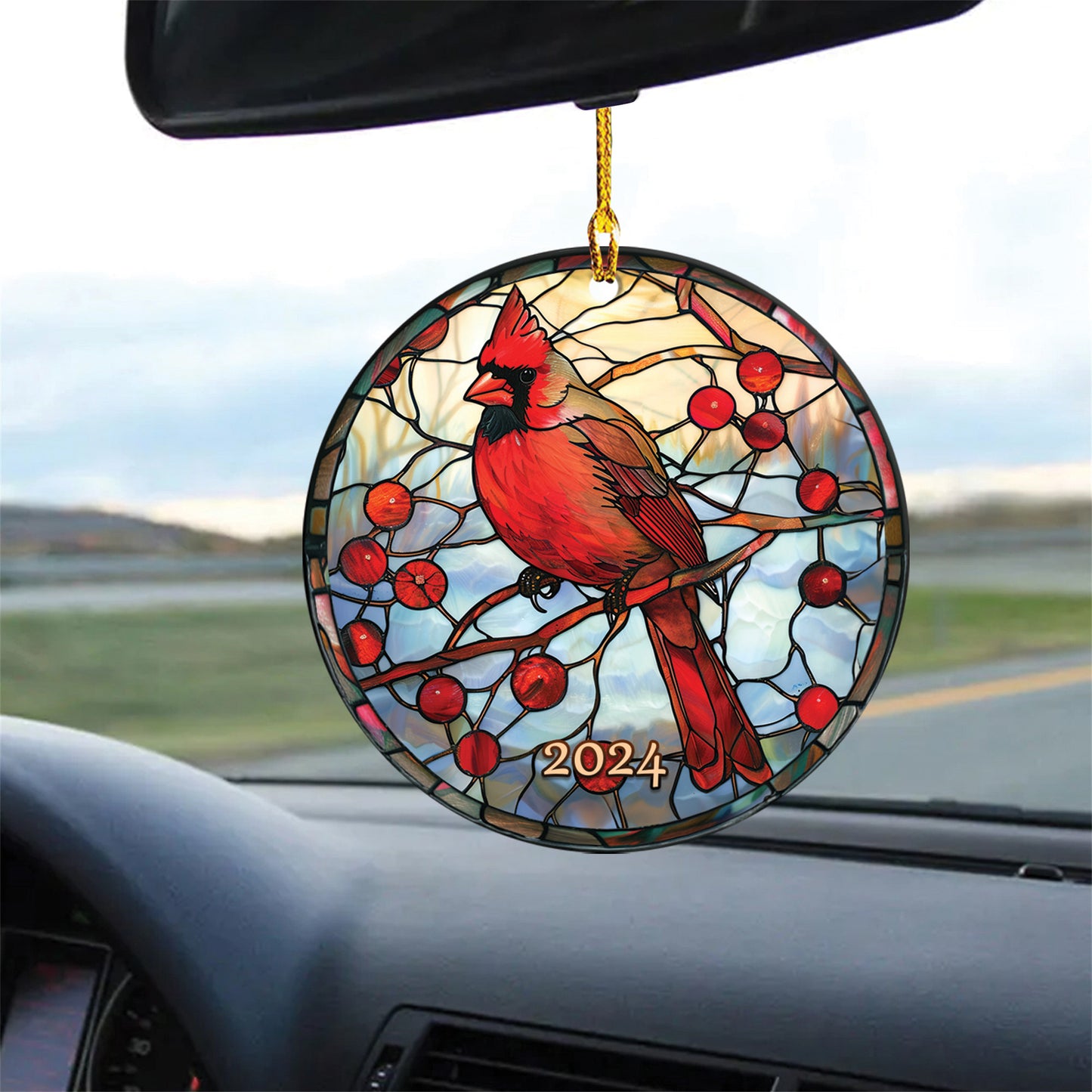 Teesdily | Christmas Cardinal Rearview Mirror Charms, Red Bird Stained Glass Print Rear View Mirror Hanging, Christmas Tree Decoration, Xmas Gifts