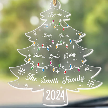 Teesdily | Personalized Christmas Tree Family Acrylic Ornament, Xmas Tree With Family Names And Led Lights Plastic Ornament, Christmas Decoration