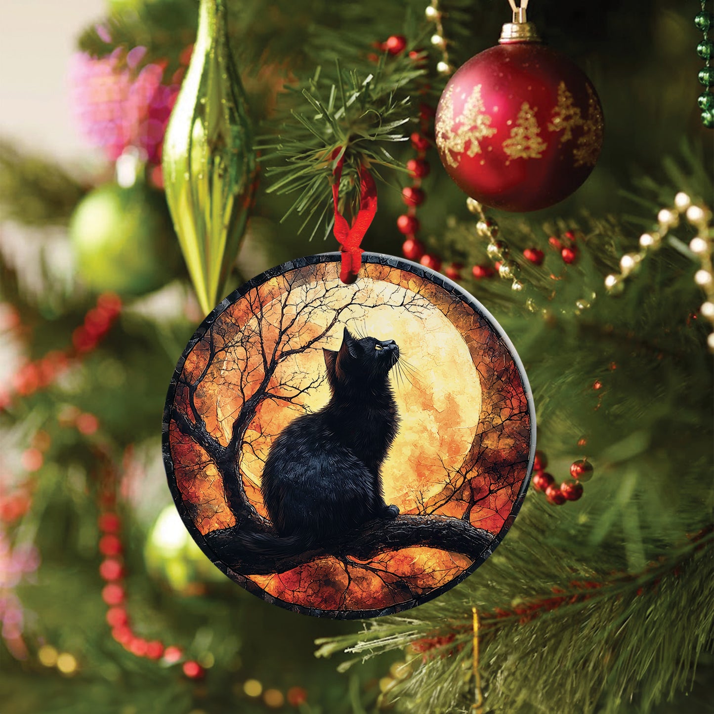 Teesdily | Black Cat Halloween Ceramic Ornament, Cat And Spooky Season Halloween Car Hanging Ornament, Halloween Gifts, Halloween Home Decoration