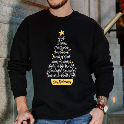 Teesdily | Jesus Name Christmas Tree Shirt, Names Of Jesus Sweatshirt, God Jesus Our Redeemer Star Hoodie Mug, Religious Gift