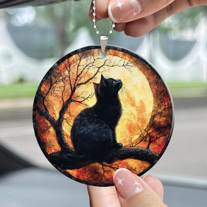 Teesdily | Black Cat Halloween Ceramic Ornament, Cat And Spooky Season Halloween Car Hanging Ornament, Halloween Gifts, Halloween Home Decoration