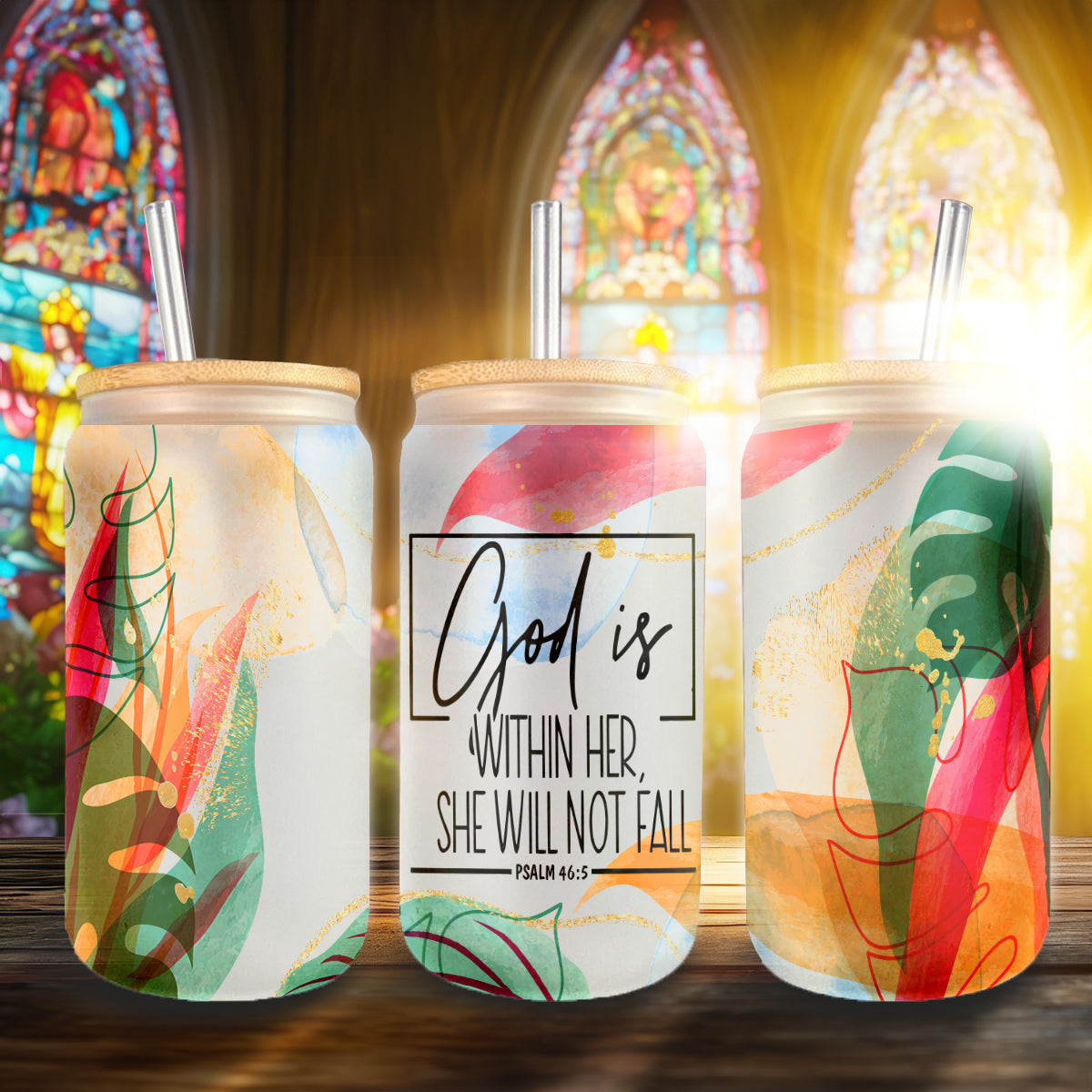 Teesdily | Jesus Abstract Art Gold Tropical Frosted Can, God Is Within Her She Will Not Fall Glass Can With Straw, Christian Gifts For Women Faith