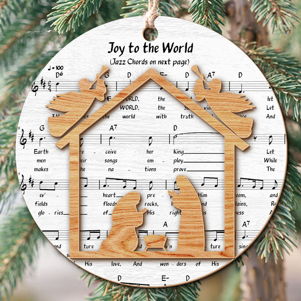 Teesdily | Jesus Nativity Scene Ornament, Music Sheet Nativity Christmas Ornament, Christ Birth 2 Layered Wood Ornament Xmas Gift