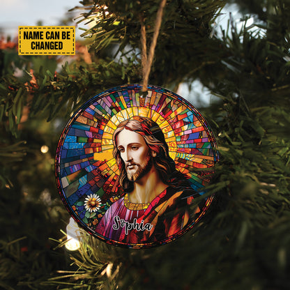 Teesdily | Jesus Portrait Stained Glass Print Ornament, Jesus Christ Sunflower Car Hanger Ornament, Jesus God Colorful Rear View Mirror Accessories