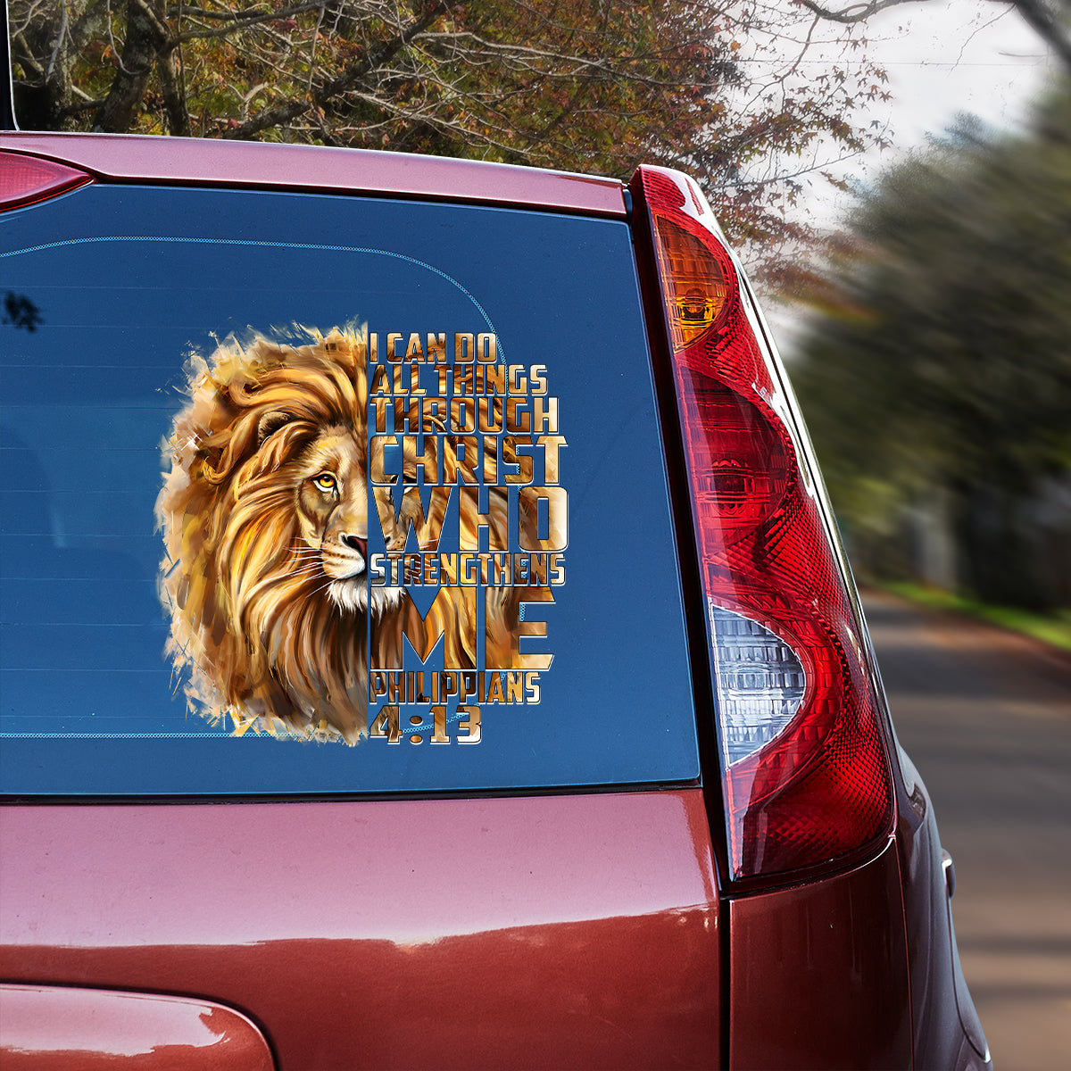 Teesdily | Lion Of Judah Decal, I Can Do All Things Through Christ Car Window Stickers, God Bible Verse Car Vinyl Decal, Christian Car Accessories