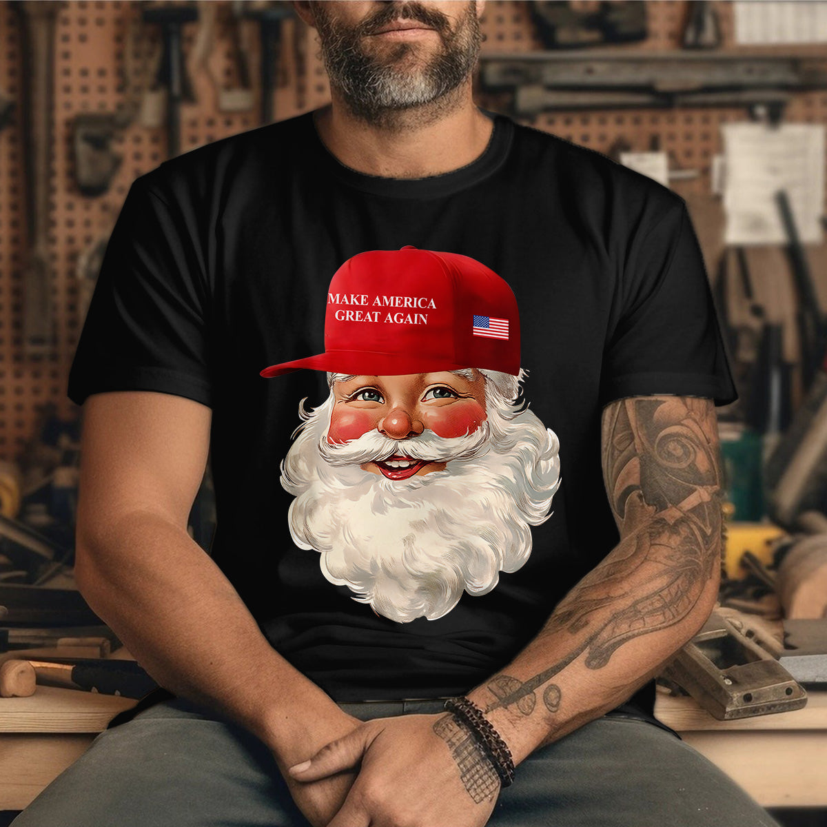 Teesdily | Santa Make Christmas Great Again Shirt, Funny Santa Christmas Sweatshirt, American Flag Santa Hoodie Mug, Xmas Gift