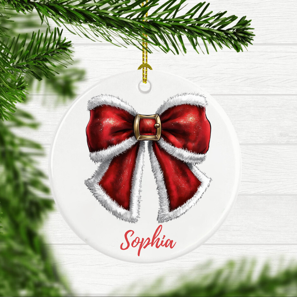 Teesdily | Personalized Christmas Coquette Bow Santa Ornament, Noel Santa Bow Ornaments Christmas Gifts For Best Friend