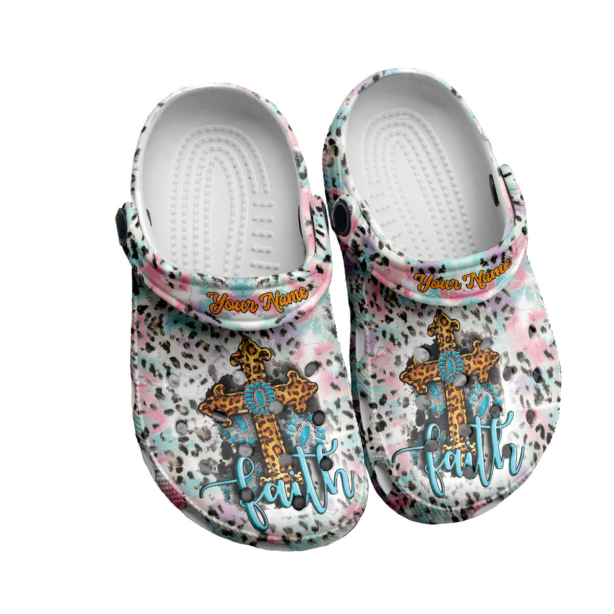 Teesdily | Faith Leopard Pattern Customized Clog Shoes, Leopard Pattern Skin Clog Shoes, God Faith Believers, Christian Kid & Adult Eva Clogs