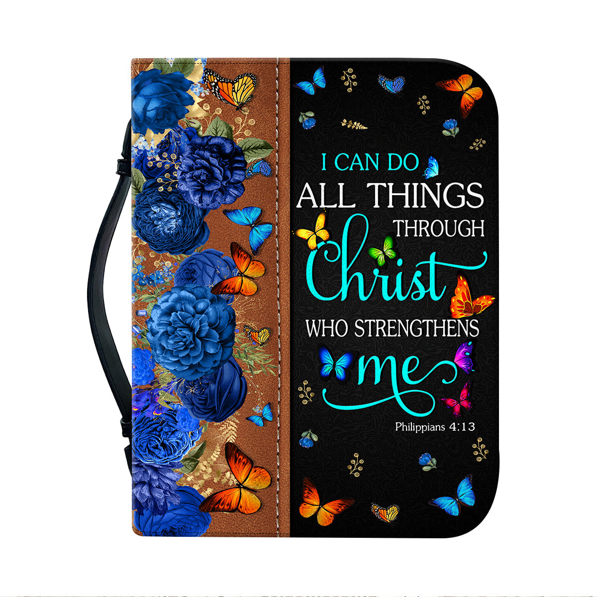 Teesdily | Custom Name Butterfly Flower Bible Carrier, I Can Do All Things Through Christ, Religious Bible Purse, Christian Bible Gifts Bible Cover