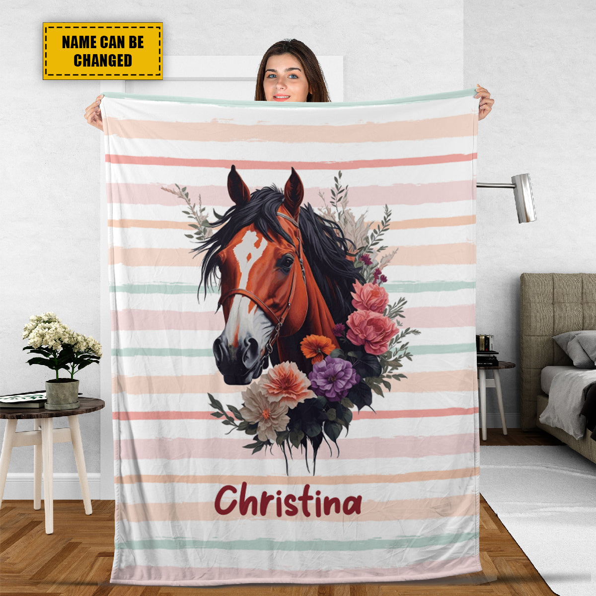 Teesdily | Customized Horse Flower Striped Pattern Fleece Blanket Throw Love Riding Horse Warm Throw Blanket Christmas Gift For Horse Lovers