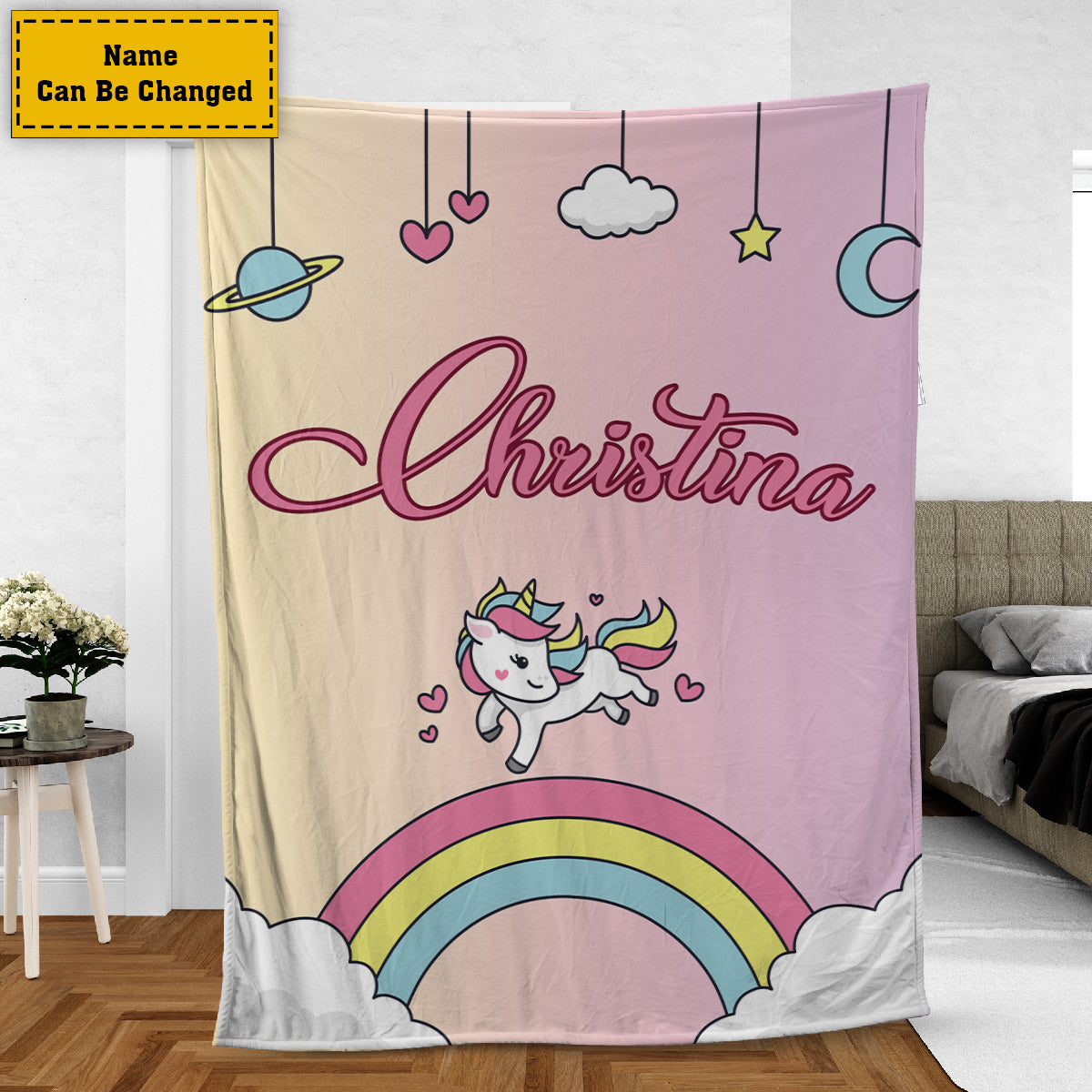 Teesdily | Unicorn Cartoon Customized Name Rainbow Fleece Blanket Unicorn Cute Kid Blanket Name Blankets For Boys Girls Baby Bed Sofa Room Decoration