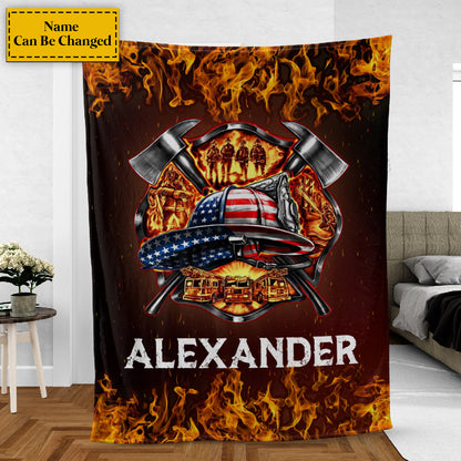 Teesdily | Customized Name American Firefighter Fleece Blanket American Fireman Travel Blanket Firefighter Dad Gifts Warm Sofa Blanket