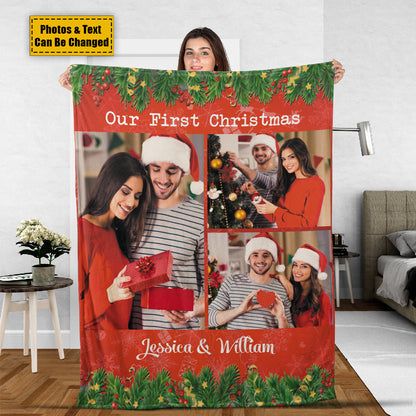 Teesdily | Customized Photo Couple Fleece Blanket Our First Christmas Sofa Blankets Christmas Custom Gift For Lover Love Anniversary Keepsake