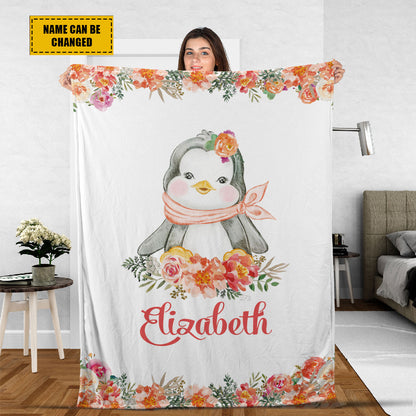 Teesdily | Customized Cute Penguin Floral Baby Blankets Chibi Animals Fleece Throw Blanket Baby Girl Kids Adult Bedding For Gifts Travel Christmas