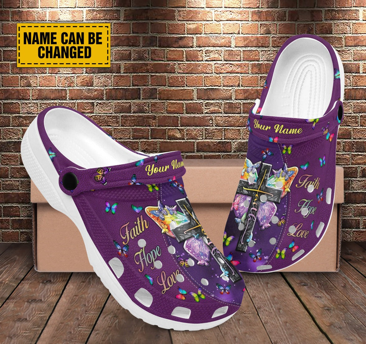 Teesdily | Faith Hope Love Customized Clogs Shoes, Gift For Jesus Lovers, God Faith Believers, Christian Gifts, Purple Clogs Shoes, Kid & Adult Unisex Clogs Shoes Eva