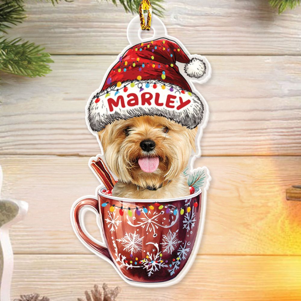 Teesdily | Customized Dog On The Cup Christmas Ornament, Cat Ornament Christmas, Dog Mom, Dog Lover Gift, Christmas Decoration