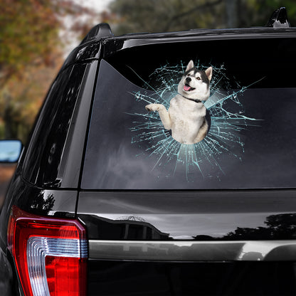 Teesdily | Siberian Husky Cute Dog Car Sticker Husky Cracked Hole Print Decals Stickers For Cars Dog Lovers