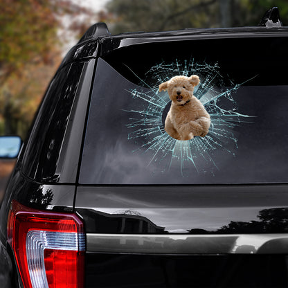 Teesdily | Funny Goldendoodle Dog Jumping Car Stickers Dog Running Cracked Glass Decal Fun Car Decoration