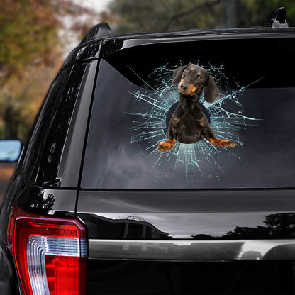 Teesdily | Dachshund Dog Car Sticker Black Dachshund Crack Glasses Printed Decal Funny Car Window Decor