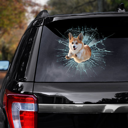 Teesdily | Pembroke Welsh Corgi Running Decal Dog Crack Glass Effect Print Stickers Corgi Mom Car Decor