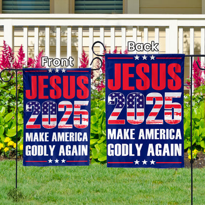 Teesdily | Jesus American Flag, Jesus 2024 Make America Godly Again House Garden Flag, Patriotic Flags, Independence Day Outdoor Decor Gifts