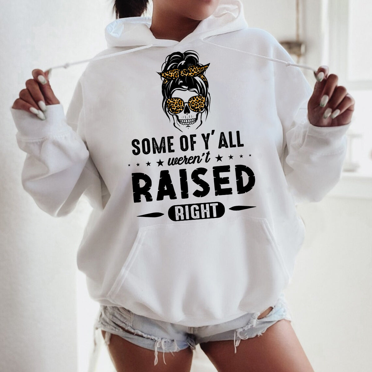 Teesdily | Skull Mom Leopard Shirt, Some Of Y'All Weren'T Raised Right Top, Funny Mothers Day Gift From Kids, Cool Mom Gifts Unisex Tshirt Hoodie Sweatshirt Size S-5Xl / Mug 11-15Oz