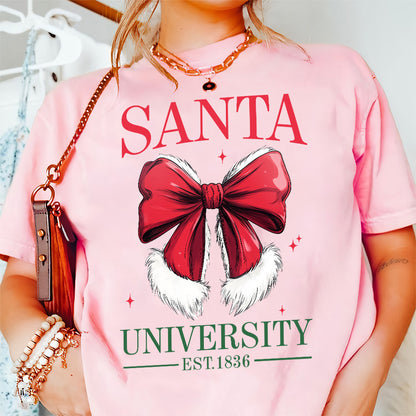 Teesdily | Retro Santa Bow University Est 1836 Shirt, Coquette Bow Christmas Sweatshirt, Social Club Santa Tee