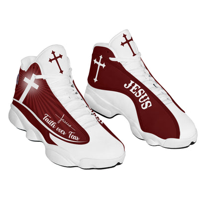 Teesdily | Jesus Faith Over Fear Basketball Shoes, Jesus Basketball Shoes Red Design, Gift For Jesus Lovers, Christian Gifts Unisex Basketball Shoes