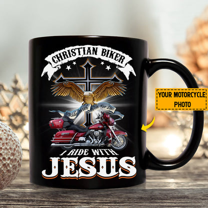 Teesdily | Personalized Motorcycle Photo Shirt, Christian Biker Shirt, I Ride With Jesus Hoodie Sweatshirt Mug, Motorcycle Gifts