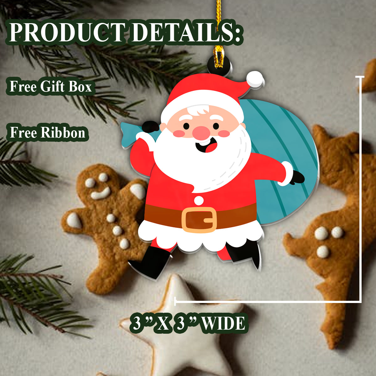 Teesdily | Customized Santa Claus Gift Bag Rearview Mirror Charms Merry Christmas Hanging Ornament Jingle Bell Winter Holiday Home Decoration