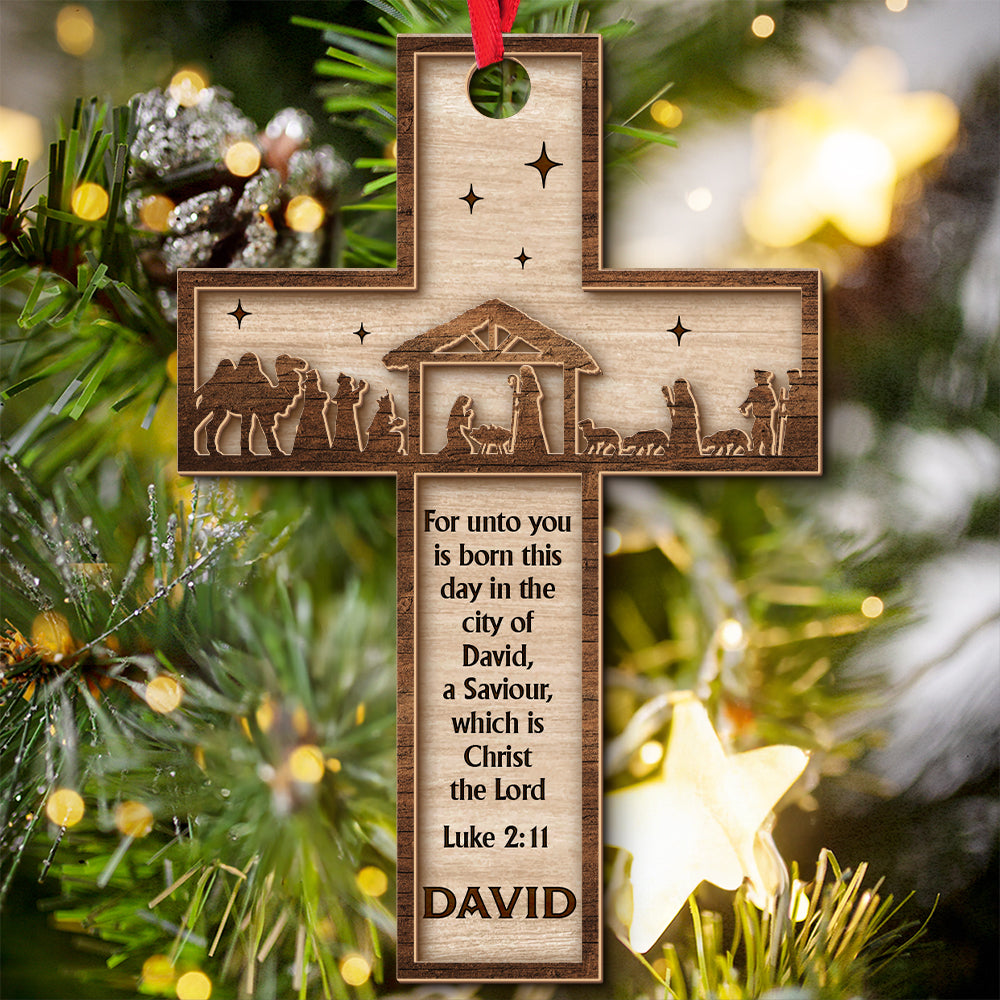 Teesdily | Customized Jesus Nativity Holy Night 2 Layered Wood Ornament, For Unto You Is Born A Savior Christmas Ornament