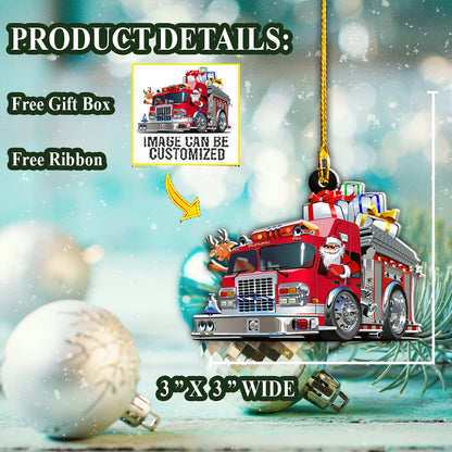 Teesdily | Customized Photo Santa Claus Driver Car Pendant Hanging Red Truck Christmas Car Charms Fire Truck Ornament Firefighter Fireman Gifts