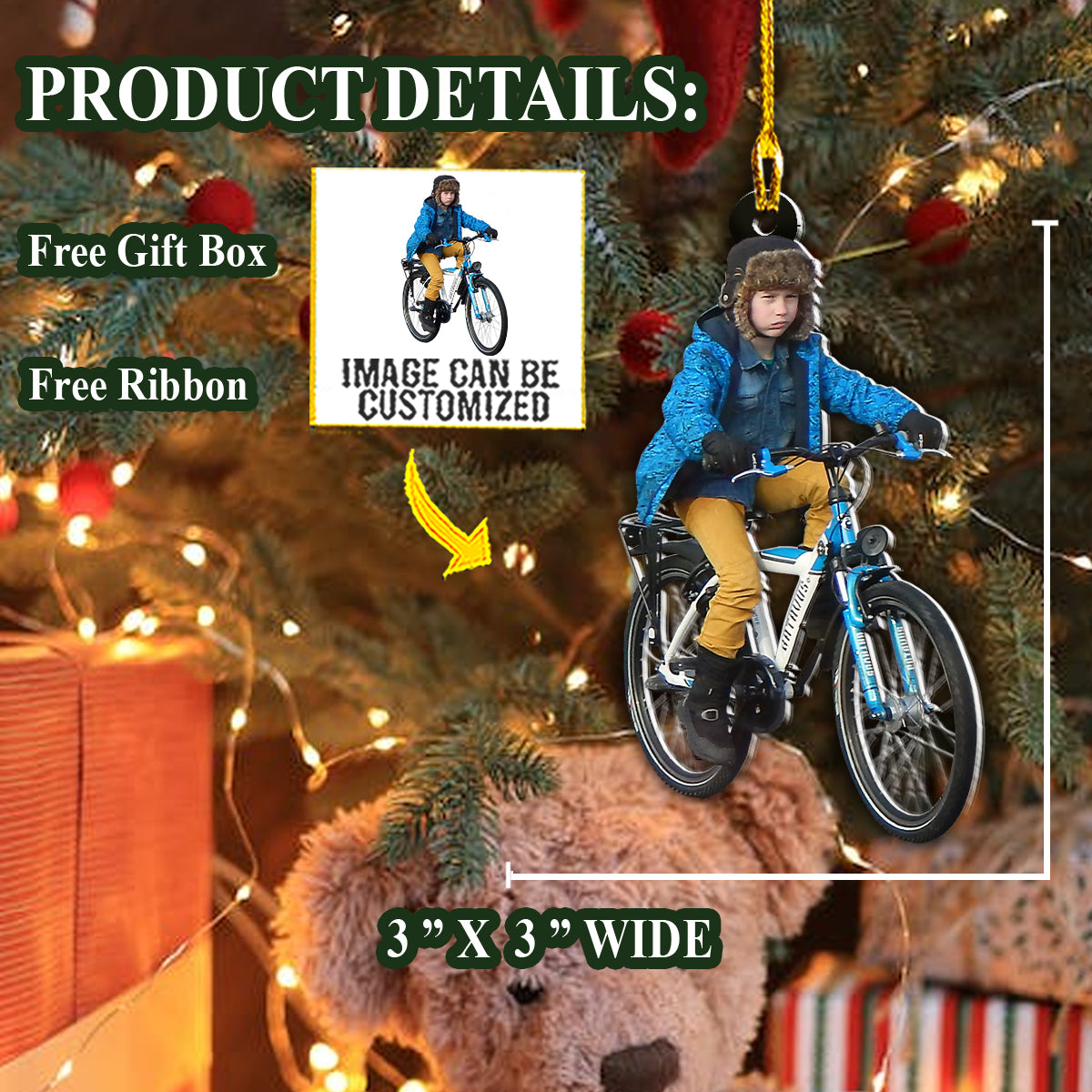 Teesdily | Customized Christmas Gift For Cyclist Hanging Ornament Kids Love Cycling Christmas Ornament Son Gift Home Decor Custom Photo Car Ornament