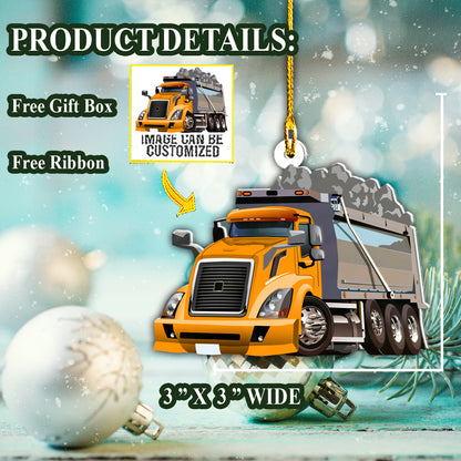 Teesdily | Customized Photo Dump Truck Car Christmas Ornament Truck Driver Ornament Gift For Truckers Christmas Tree Decor Custom Photo Car Ornament