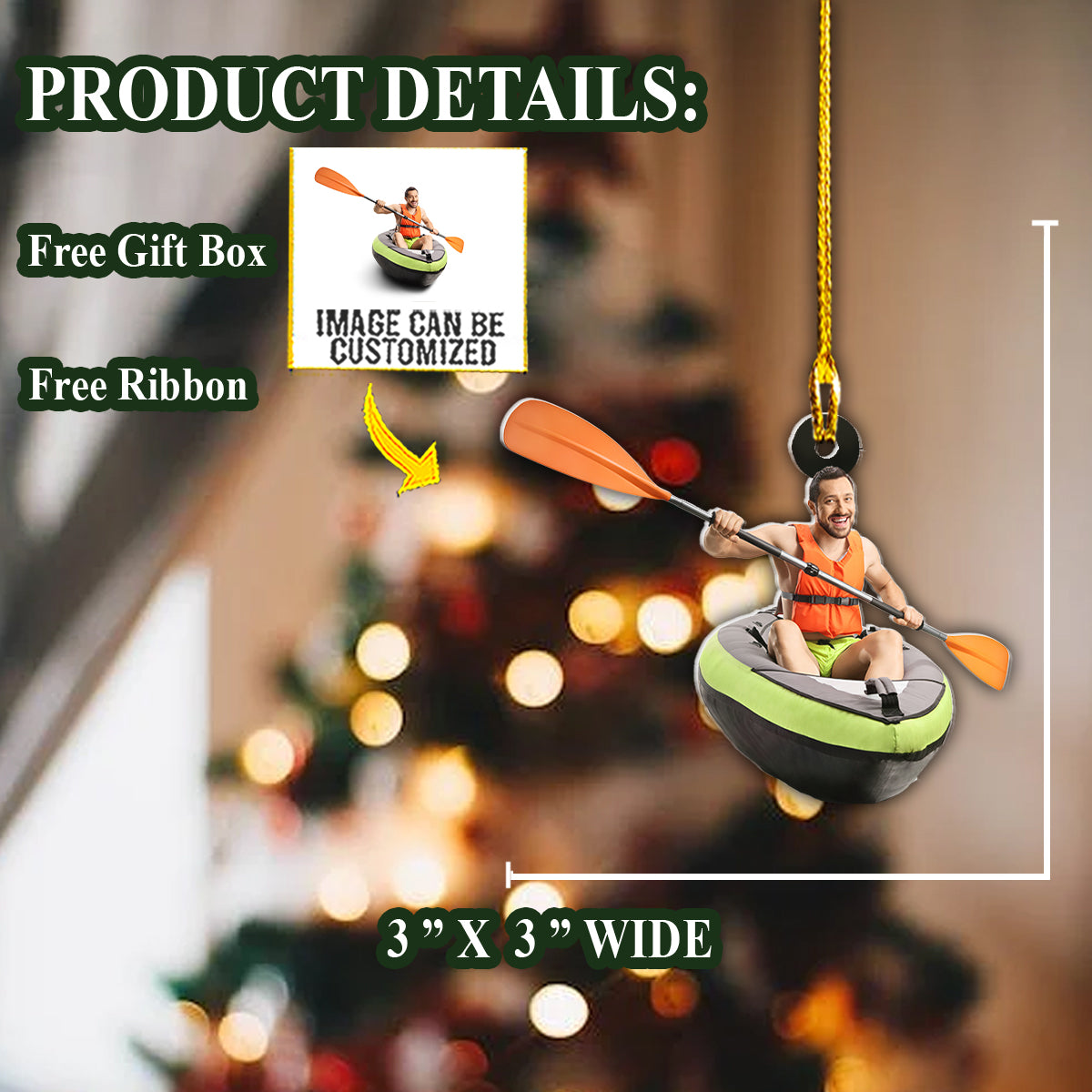 Teesdily | Customized Photo Kayak Christmas Ornament For Kayak Lovers Christmas Keepsake Gift Holiday Party Decor Customized Photo Christmas Ornaments