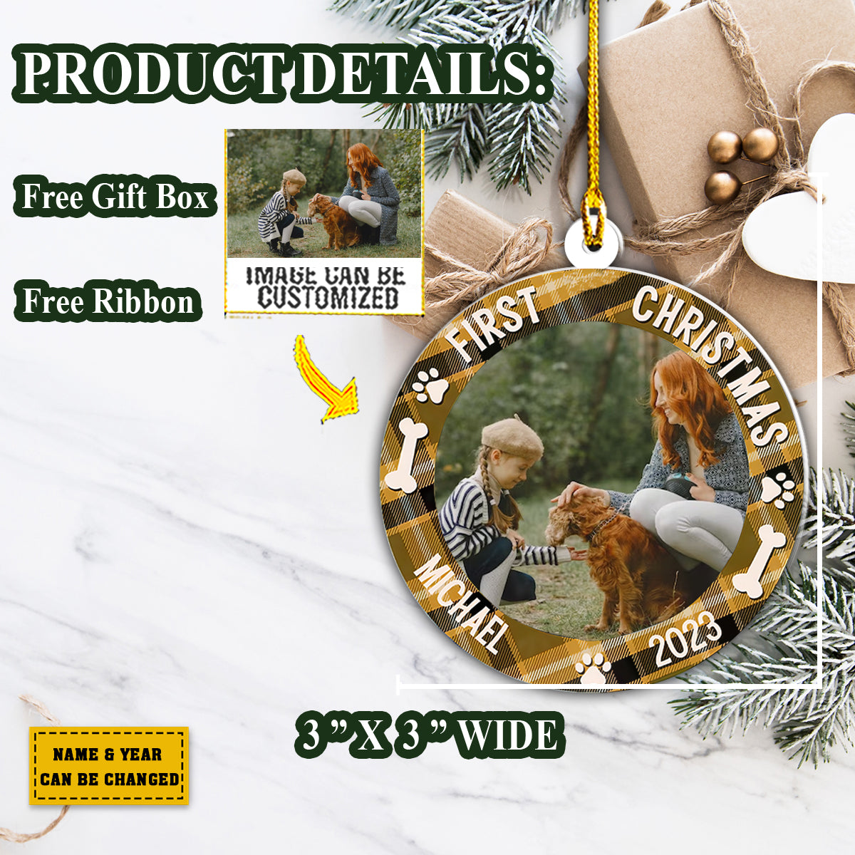 Teesdily | Personalized Pet Ornament With Photo First Christmas Car Pendant Hanging Pet 1st Christmas Rear View Mirror Accessories Pet Lover Gifts