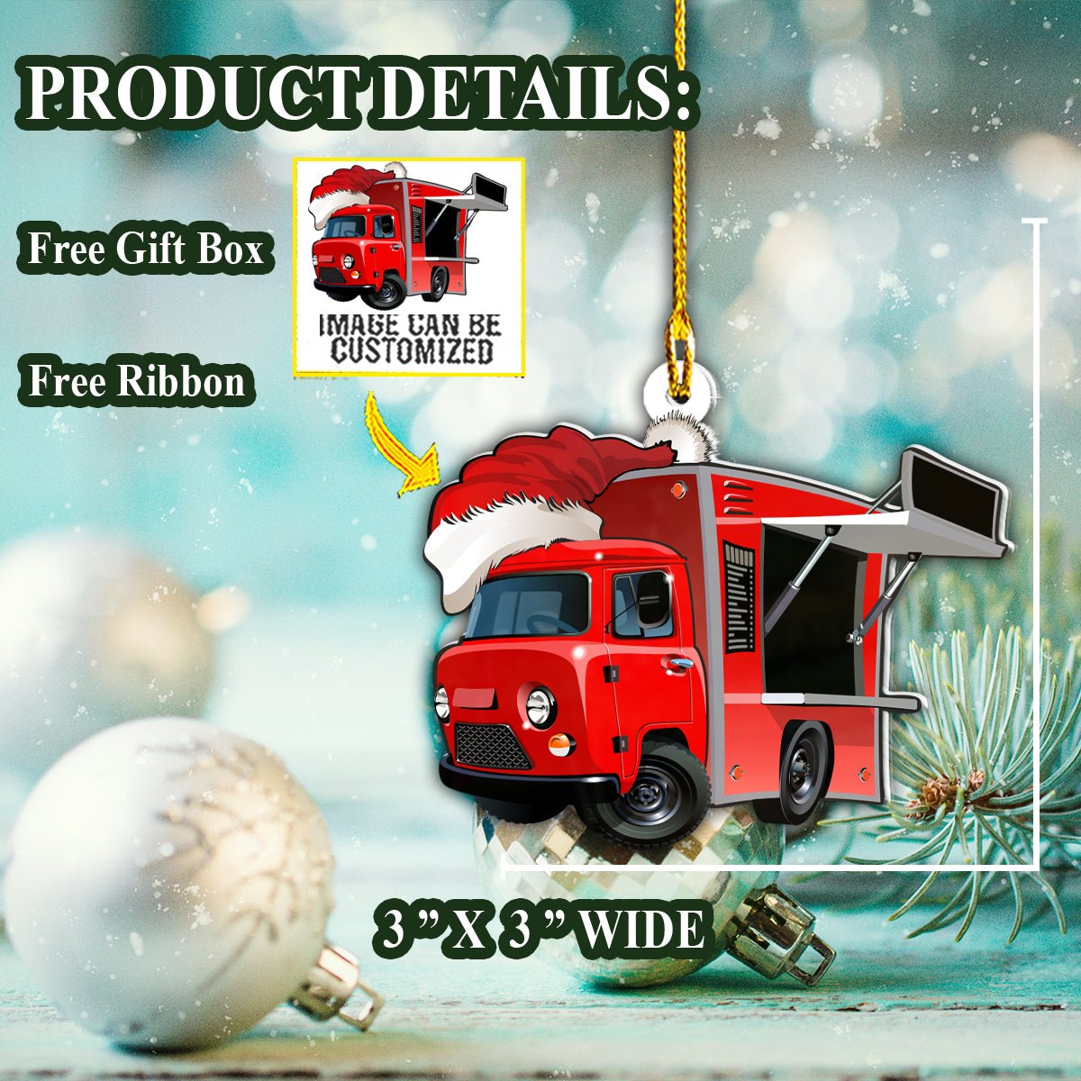 Teesdily | Customized Photo Christmas Red Truck Car Pendant Hanging Truck Driver Xmas Car Charms Custom Photo Ornaments Christmas Gift For Truckers