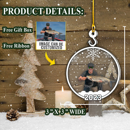 Teesdily | Fisherman Personalized Rear View Mirror Hanging With Photo Snowflake Christmas Decorations For Home Memory Keepsake Christmas Gifts