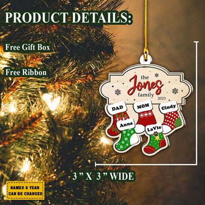 Teesdily | Family Personalized Name Christmas Stocking Ornament Family Custom Rear View Mirror Hanging Family Christmas Tree Decoration Gifts