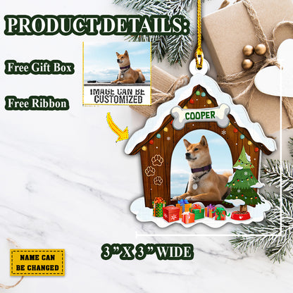 Teesdily | Dog Christmas Wood House Shape Ornament Customized Picture Dog Pet Personalized 2D Ornament Dog First Christmas Ornament Memory Keepsake