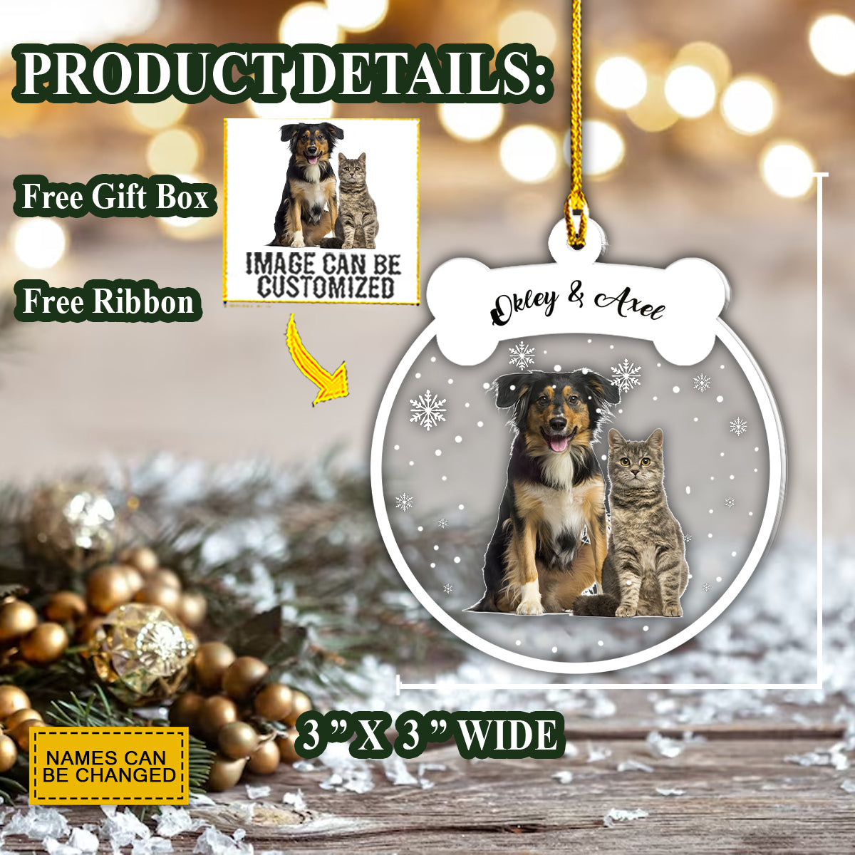 Teesdily | Pet Personalized Car Ornament With Photo Pet Bone Christmas Car Hanging Ornament Christmas Gift For Pet Owner Dog Lovers