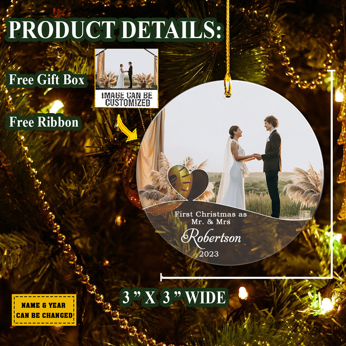 Teesdily | First Christmas As Mr And Mrs Customized Ornament With Photo First Christmas Married Ornament Newlywed Gift Ornament Xmas Decoration