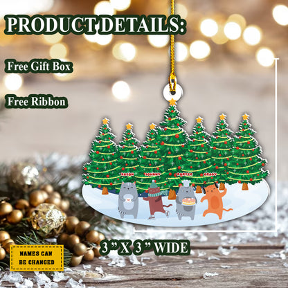 Teesdily | Personalized Christmas Tree Forest Car Hanging Ornaments Dancing Cat Xmas Car Pendant Hanging Gifts For Cat Mom Dad